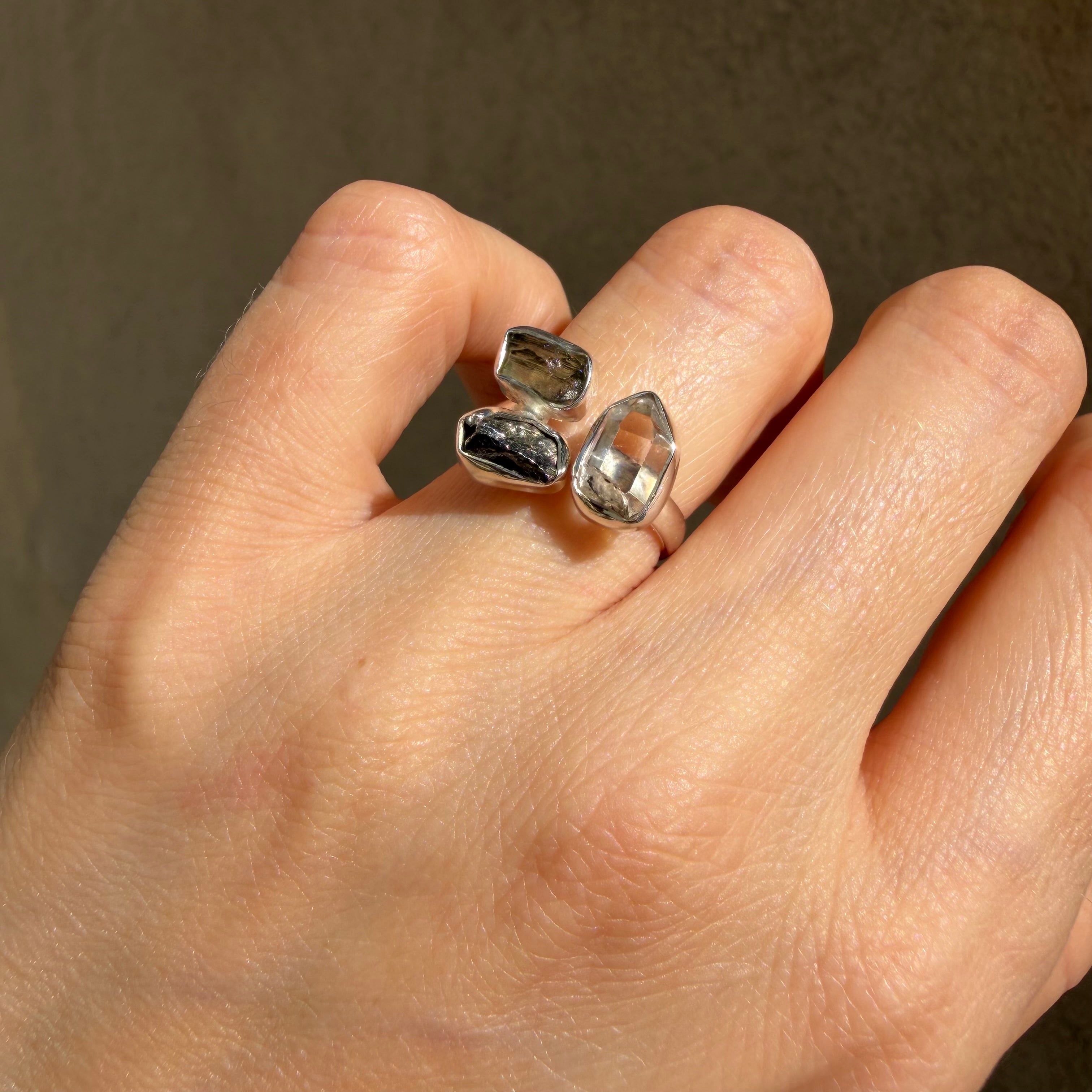 Anello Moldavite, Campo del Cielo e Diamante Herkimer | Argento 925