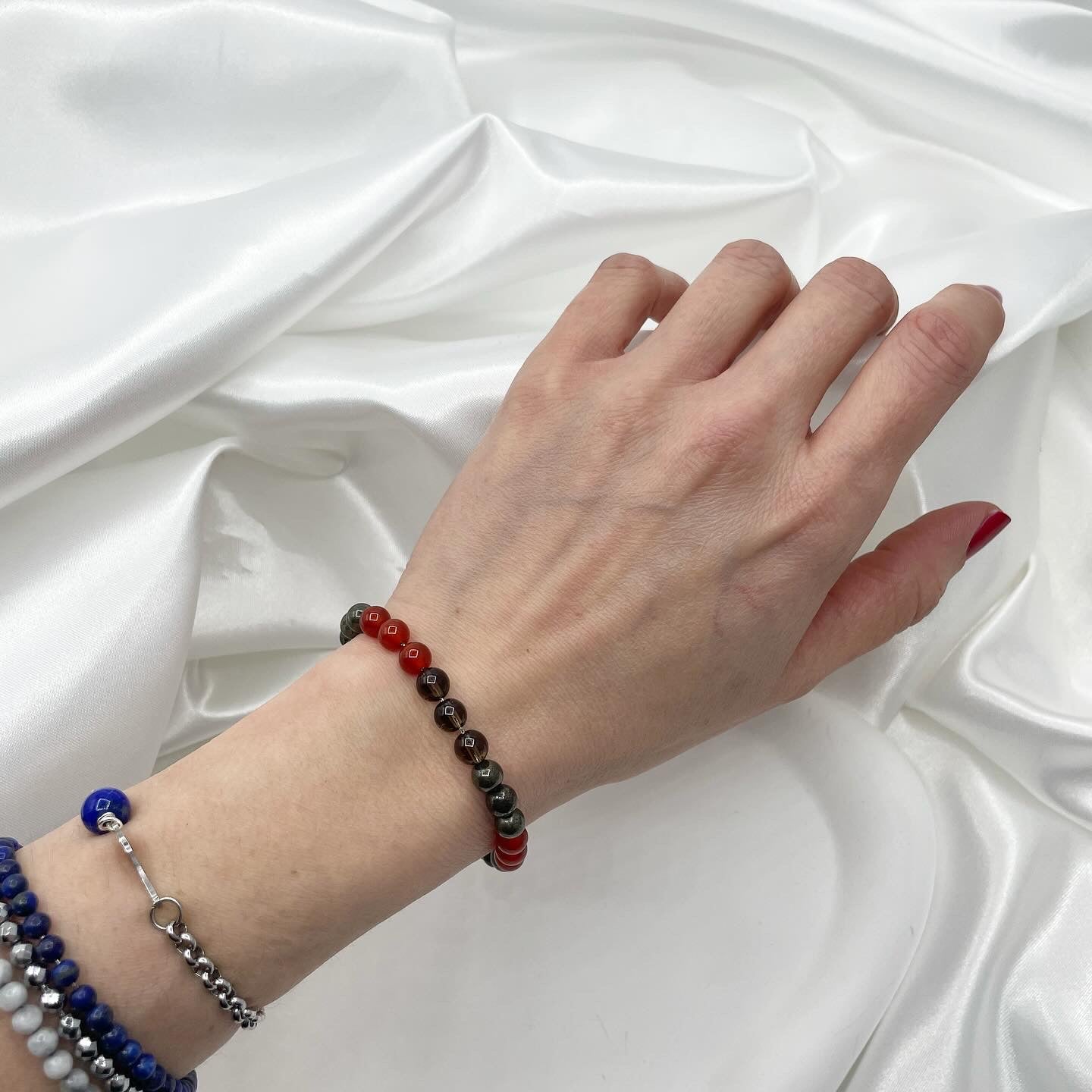 Bracciale Nuove Opportunità - Pirite, Corniola, Quarzo Fumè