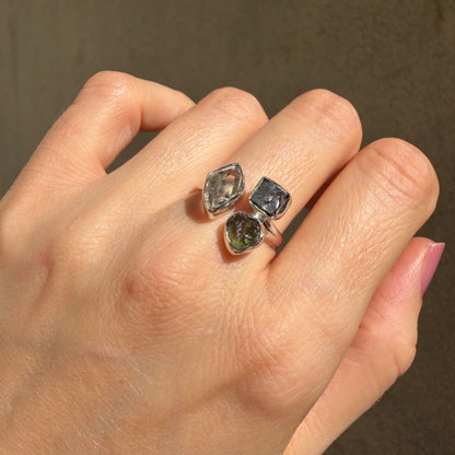 Anello Moldavite, Campo del Cielo e Diamante Herkimer | Argento 925