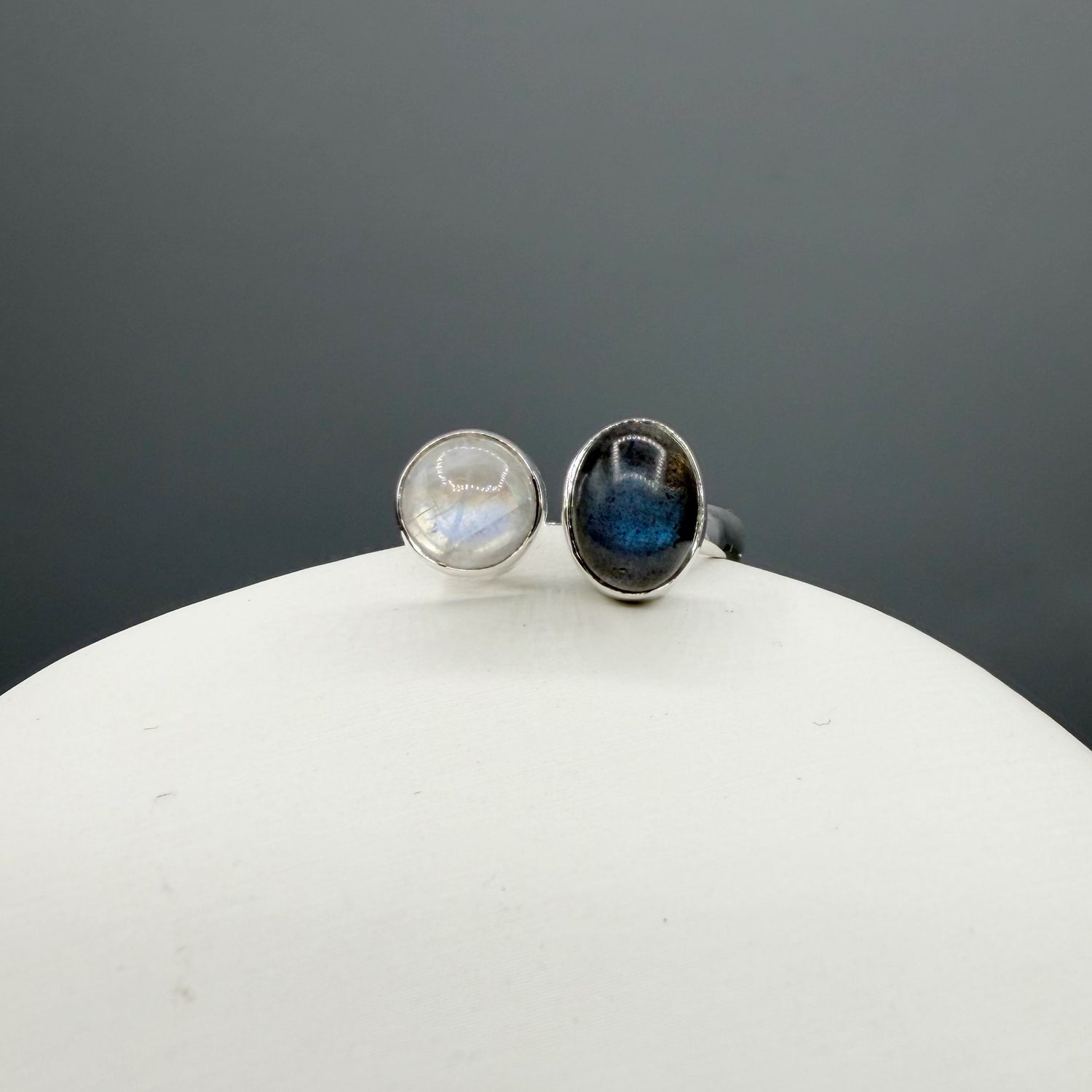 Anello Double Labradorite Bianca e Grigia - Argento 925