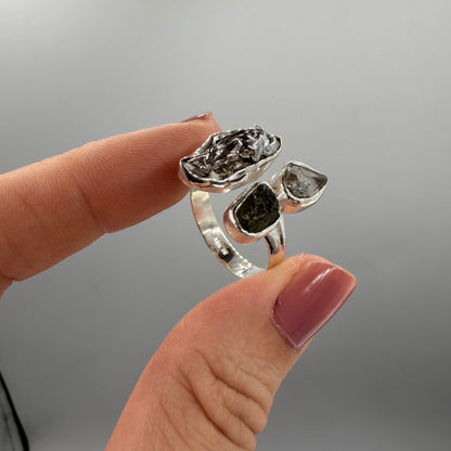 Anello Moldavite, Campo del Cielo e Diamante Herkimer | Argento 925