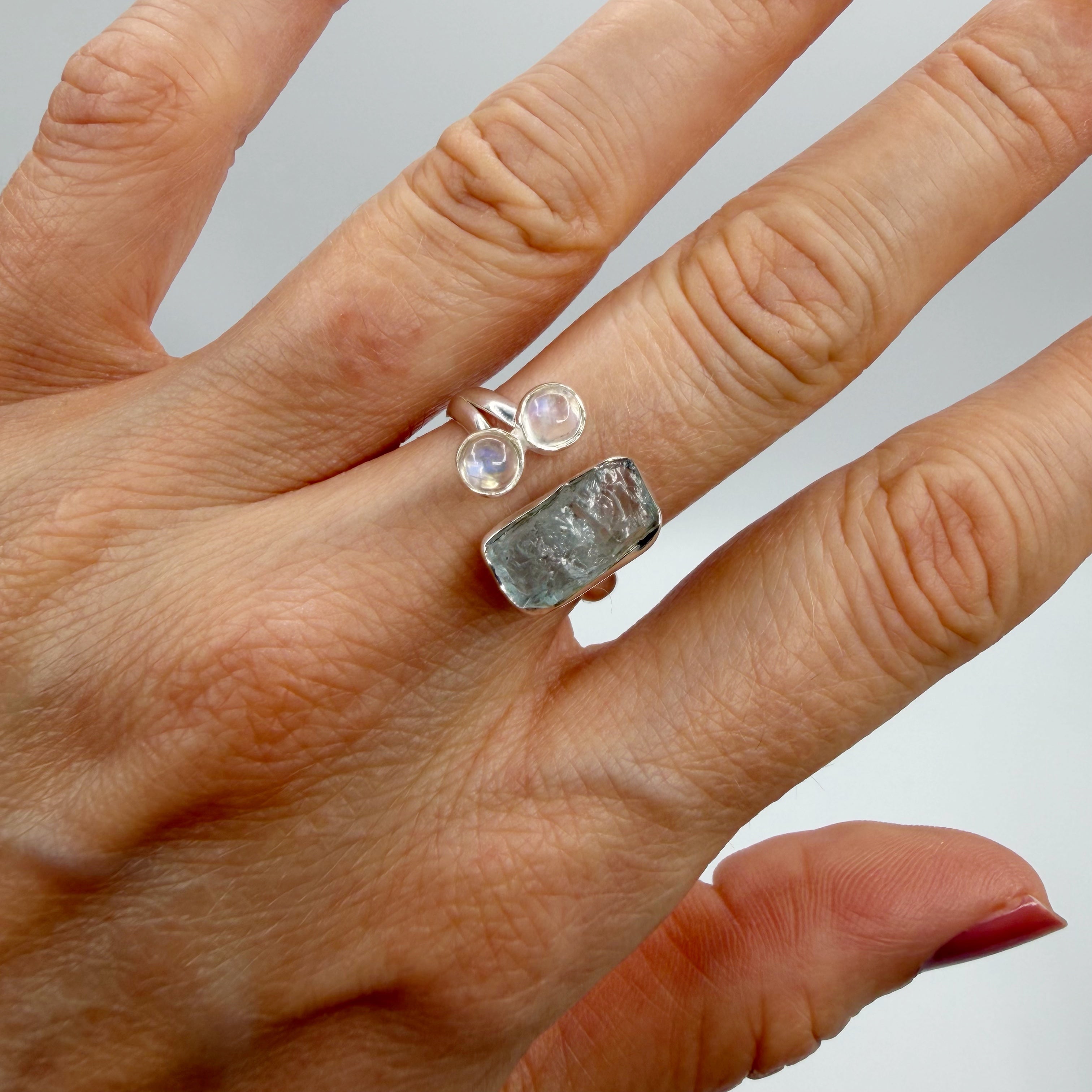 Anello Acquamarina e Labradorite Bianca - Argento 925