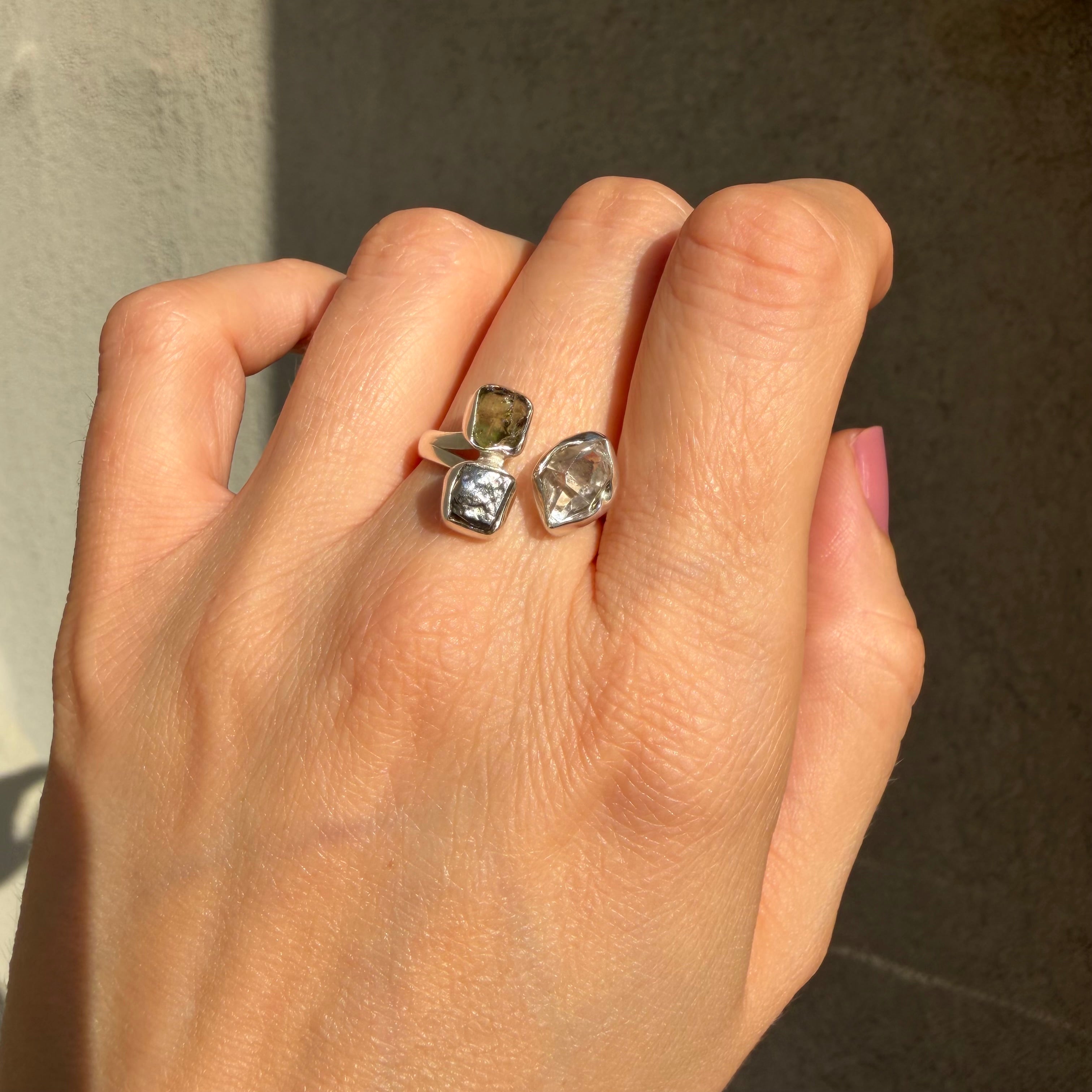 Anello Moldavite, Campo del Cielo e Diamante Herkimer | Argento 925