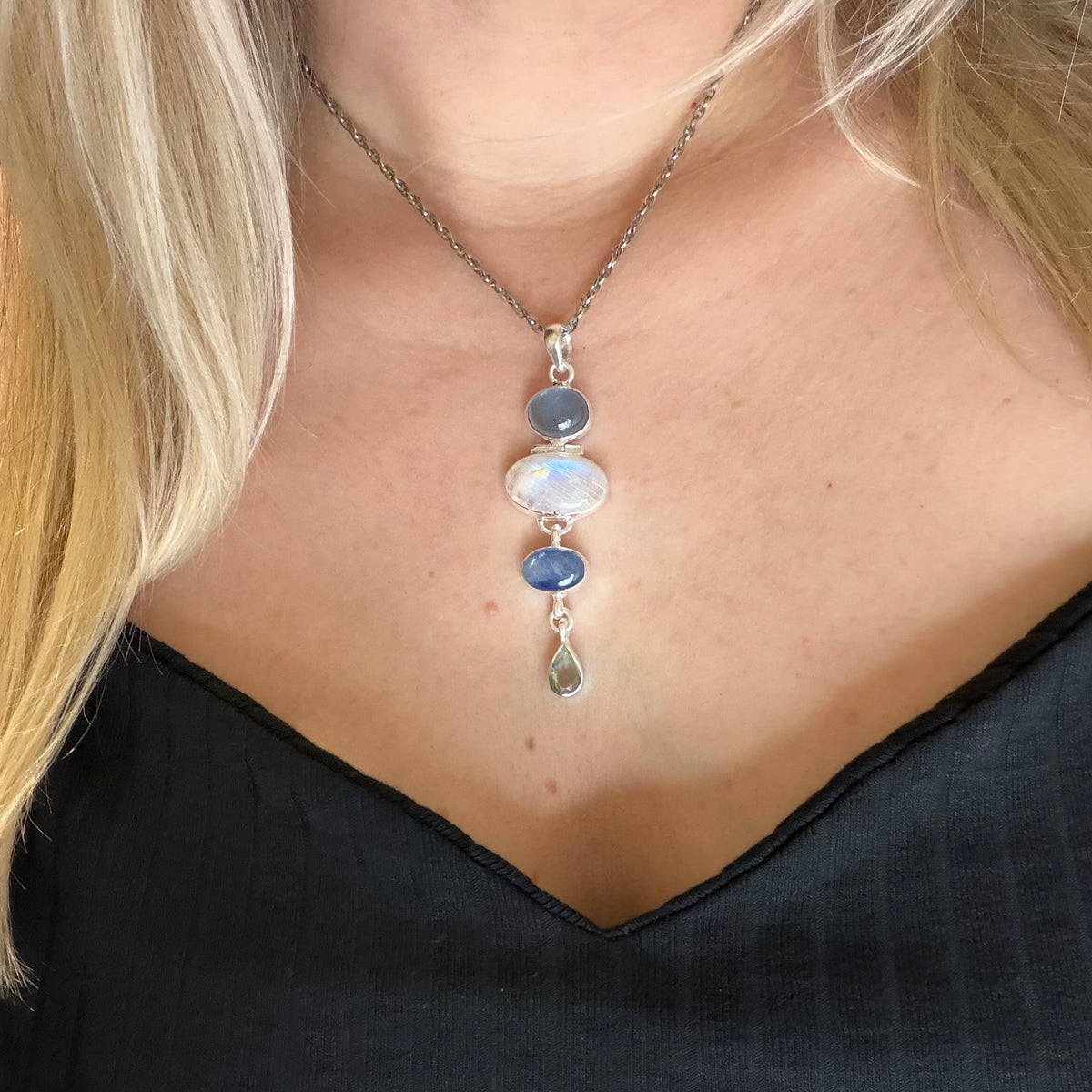 Ciondolo Acquamarina, Labradorite, Cianite, Quarzo - Argento 925