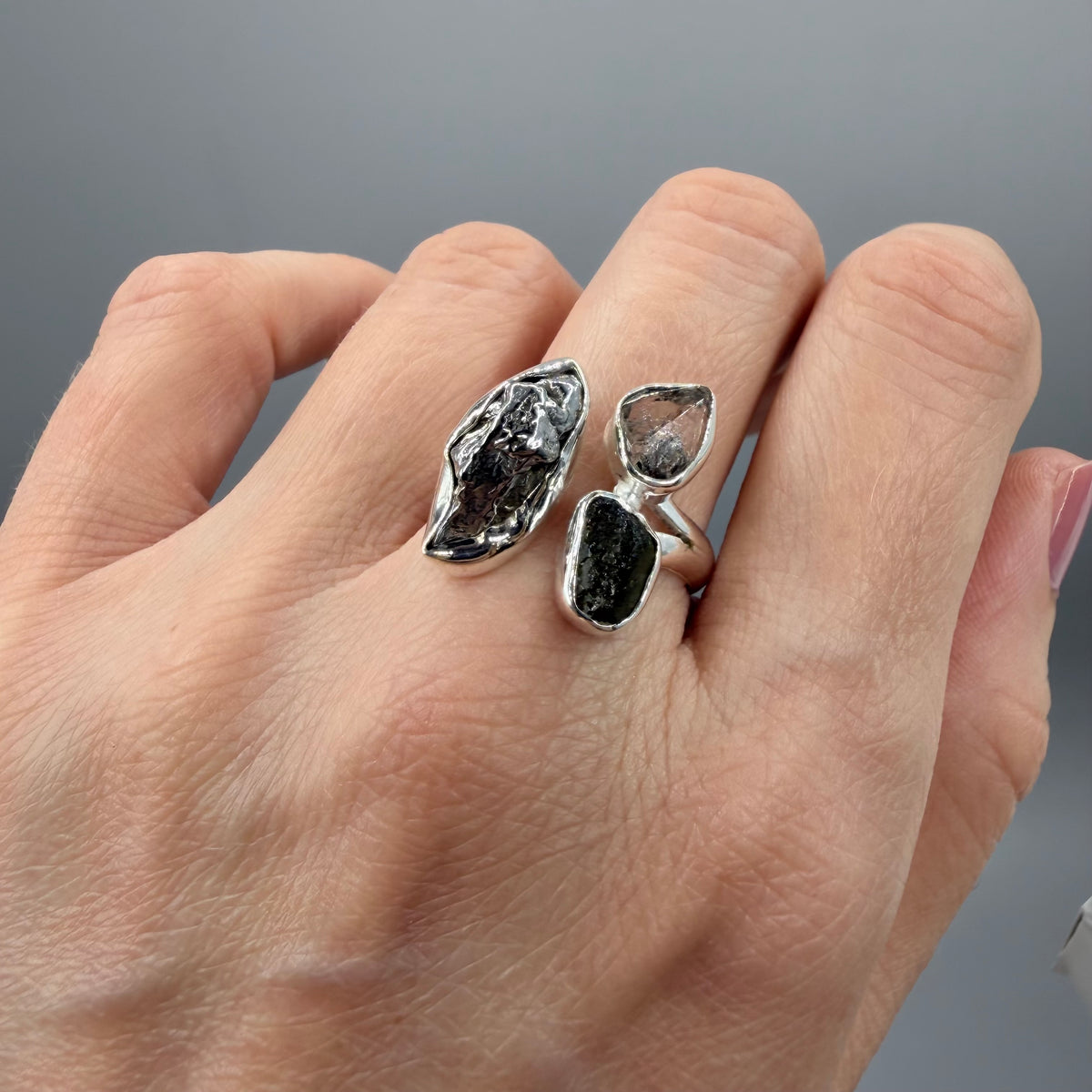 Anello Moldavite, Campo del Cielo e Diamante Herkimer | Argento 925