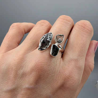 Anello Moldavite, Campo del Cielo e Diamante Herkimer | Argento 925
