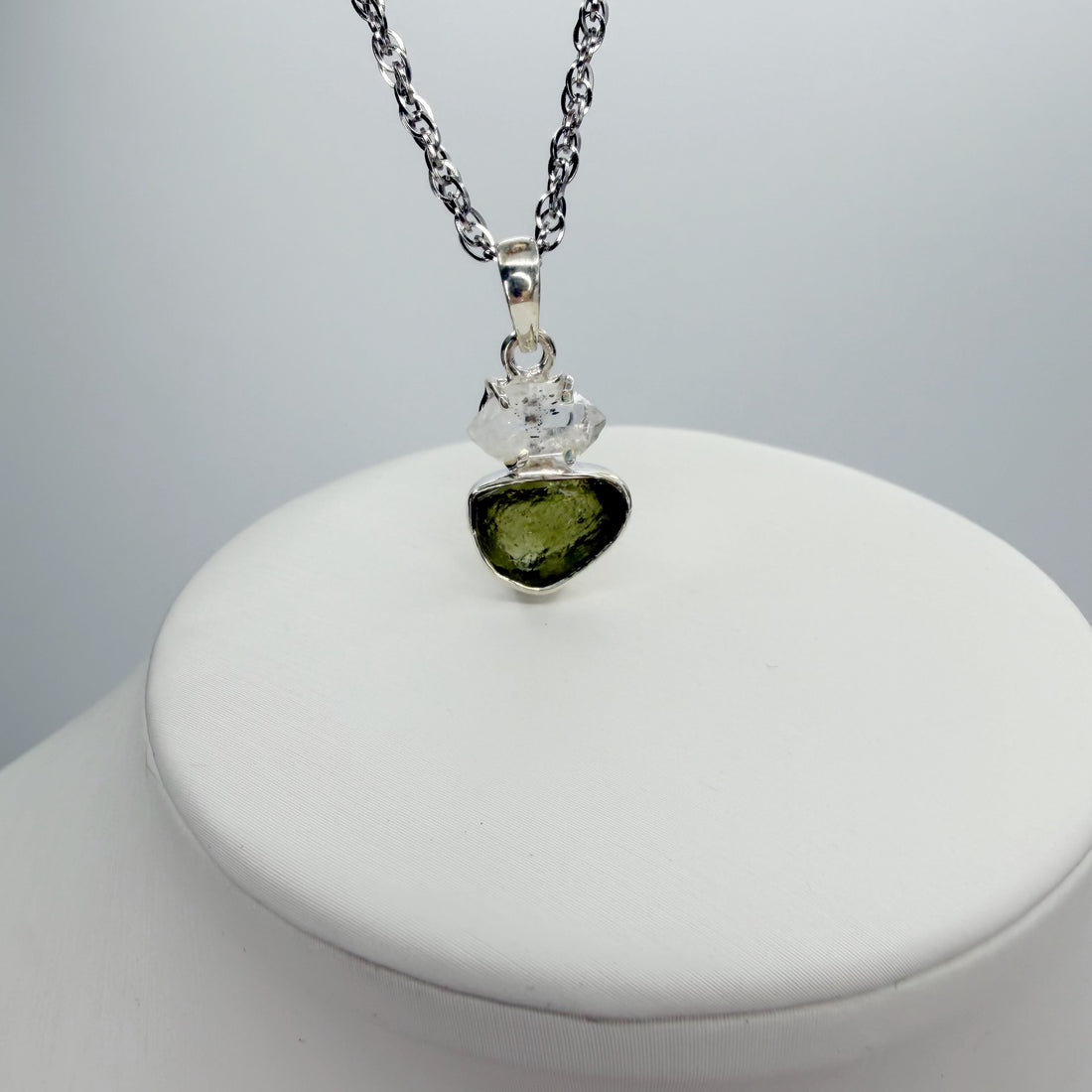 Ciondolo Moldavite e Diamante Herkimer e Argento 925