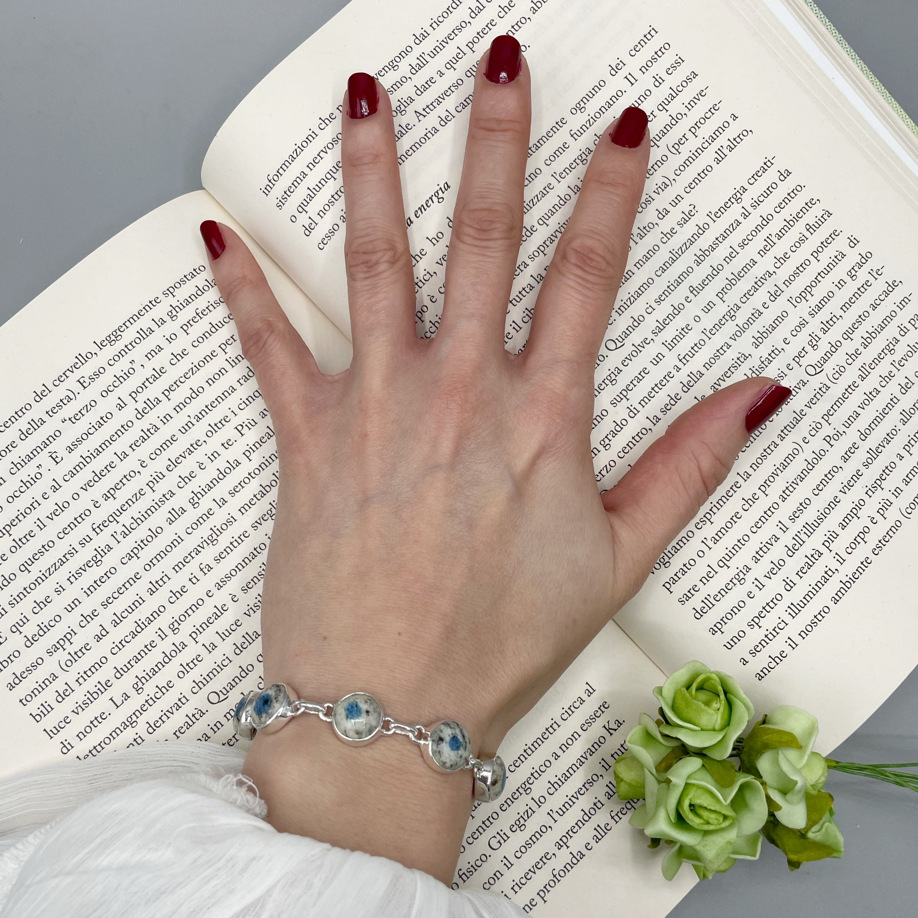 Bracciale Azzurrite in Granito (K2) e Argento 925 - tondo