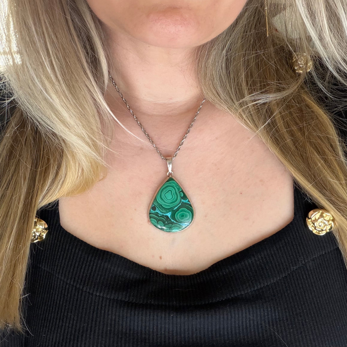 Ciondolo Malachite e Crisocolla Argento 925 - Goccia grande