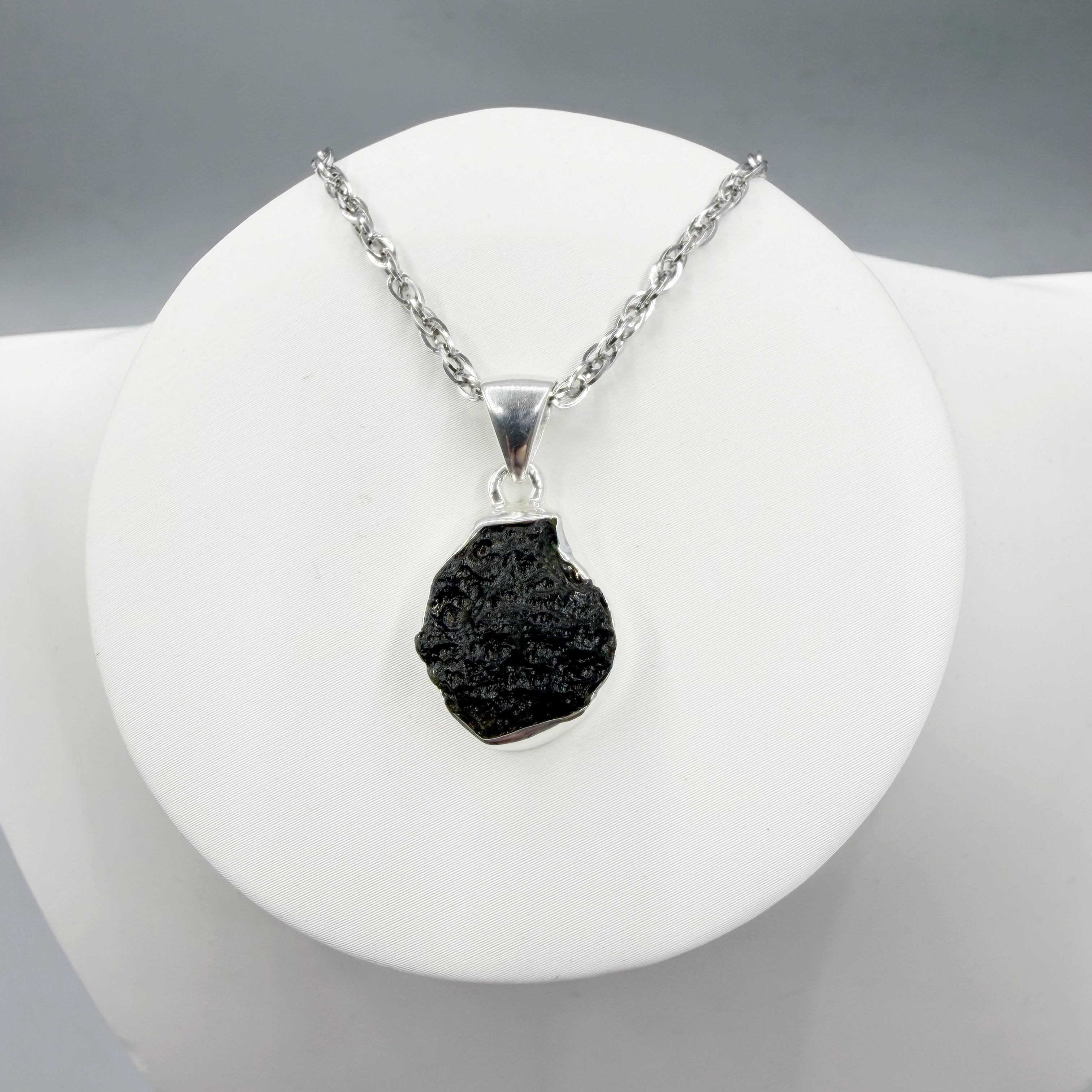 Ciondolo Moldavite Grezza e Argento 925 - tonda