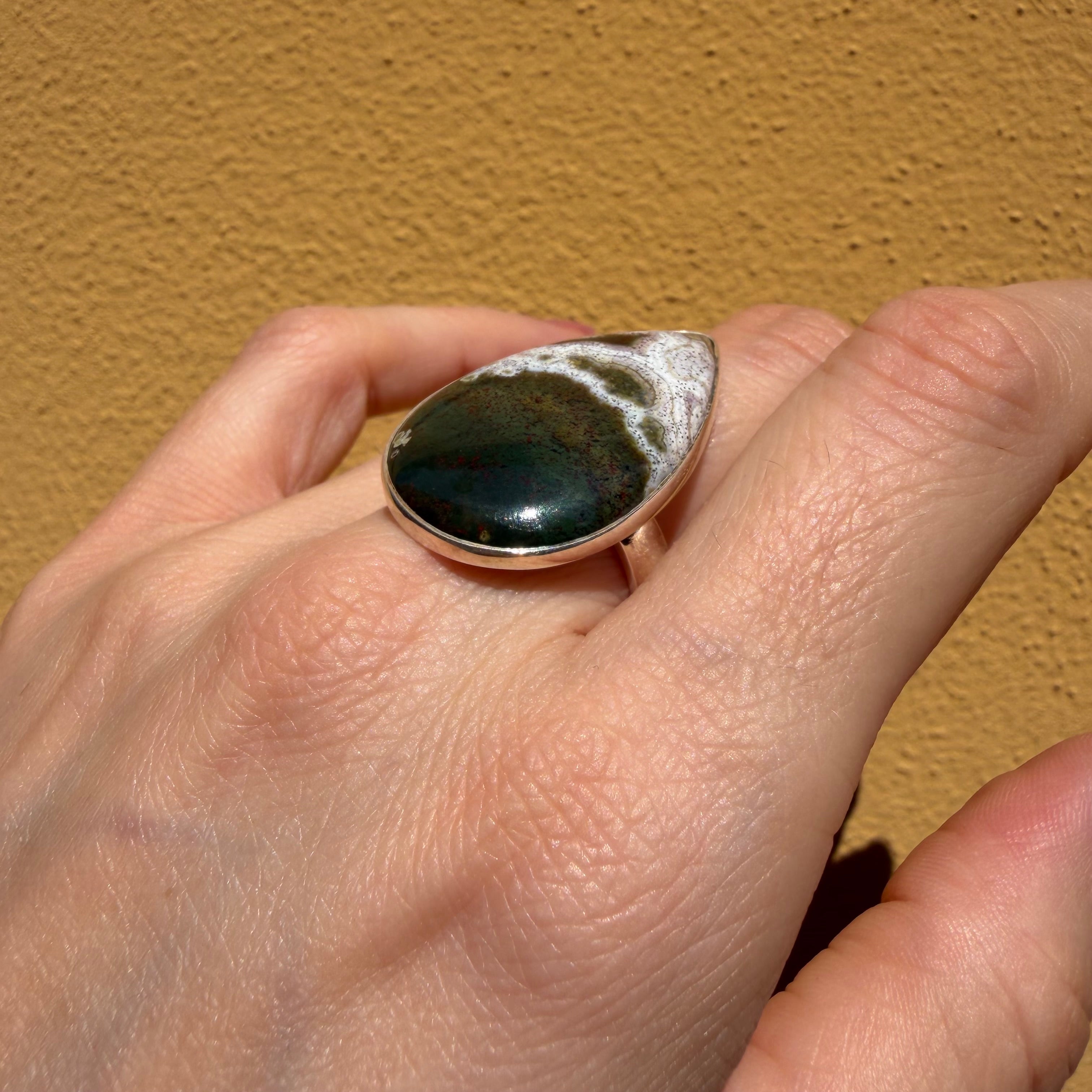 Anello Diaspro Oceano Argento 925 - a  Goccia grande