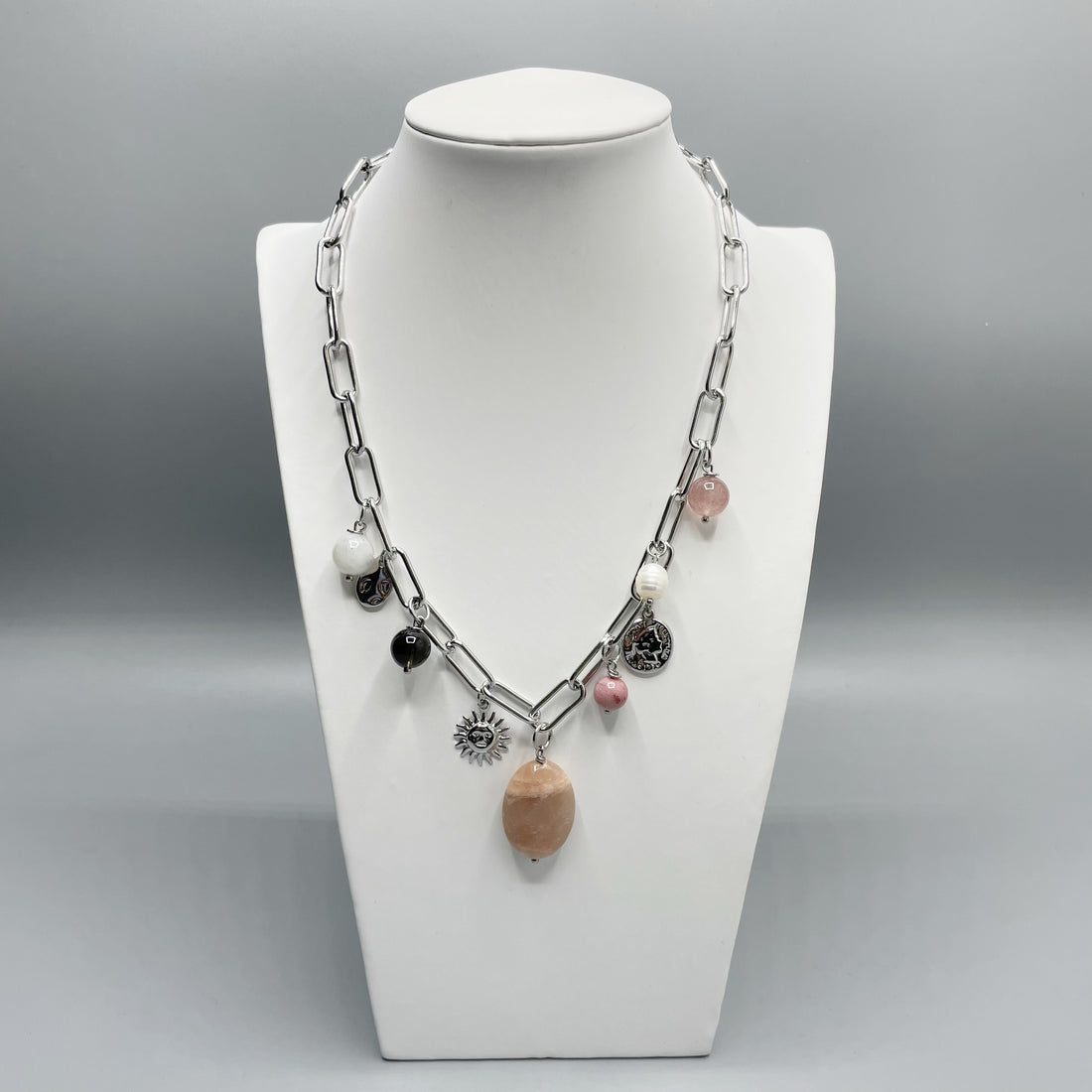 Girocollo Happiness Silver - Super Seven, Pietre di Luna, Rodonite, Labradorite, Fumè