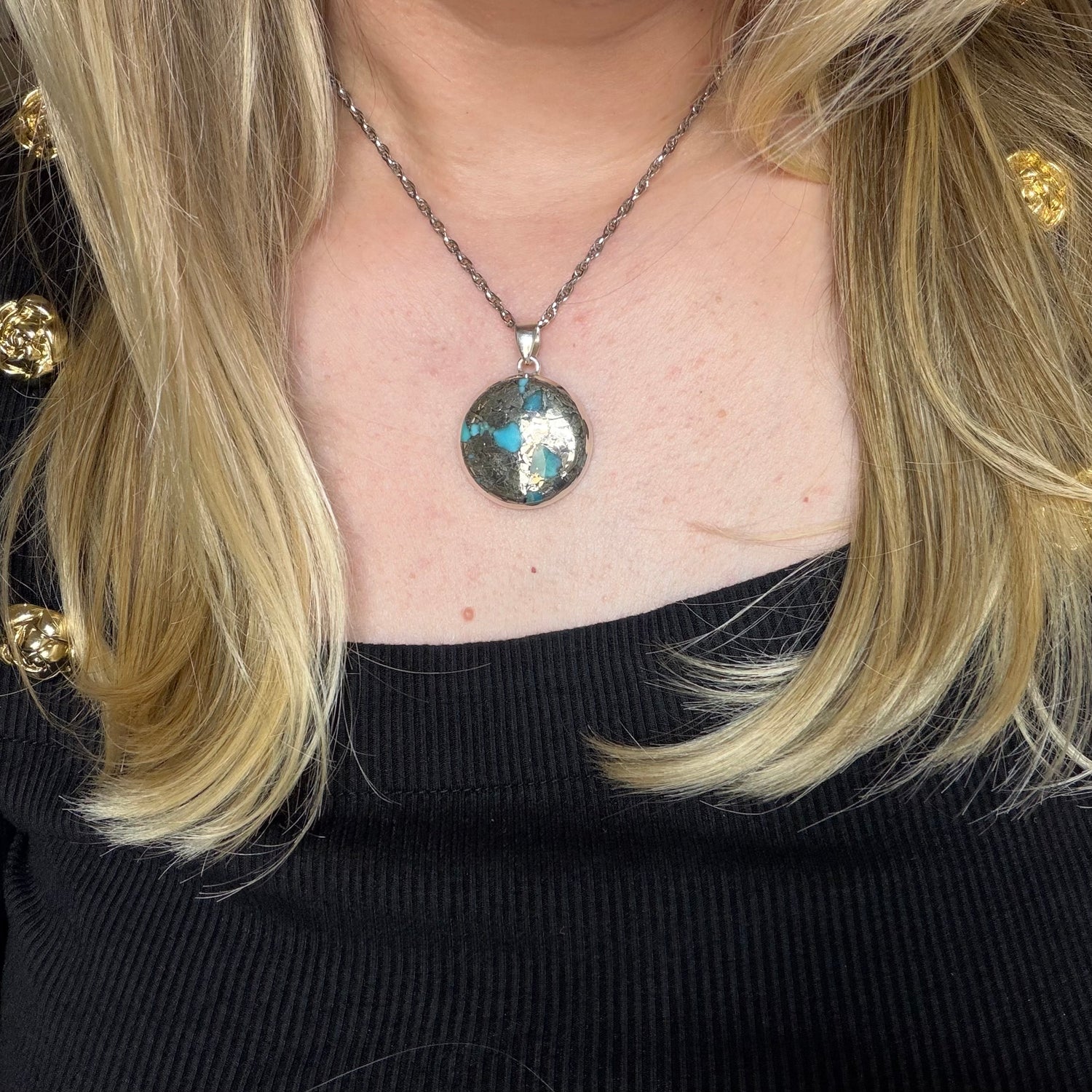 Ciondolo Turchese Naturale in Pirite | Argento 925 - Tondo