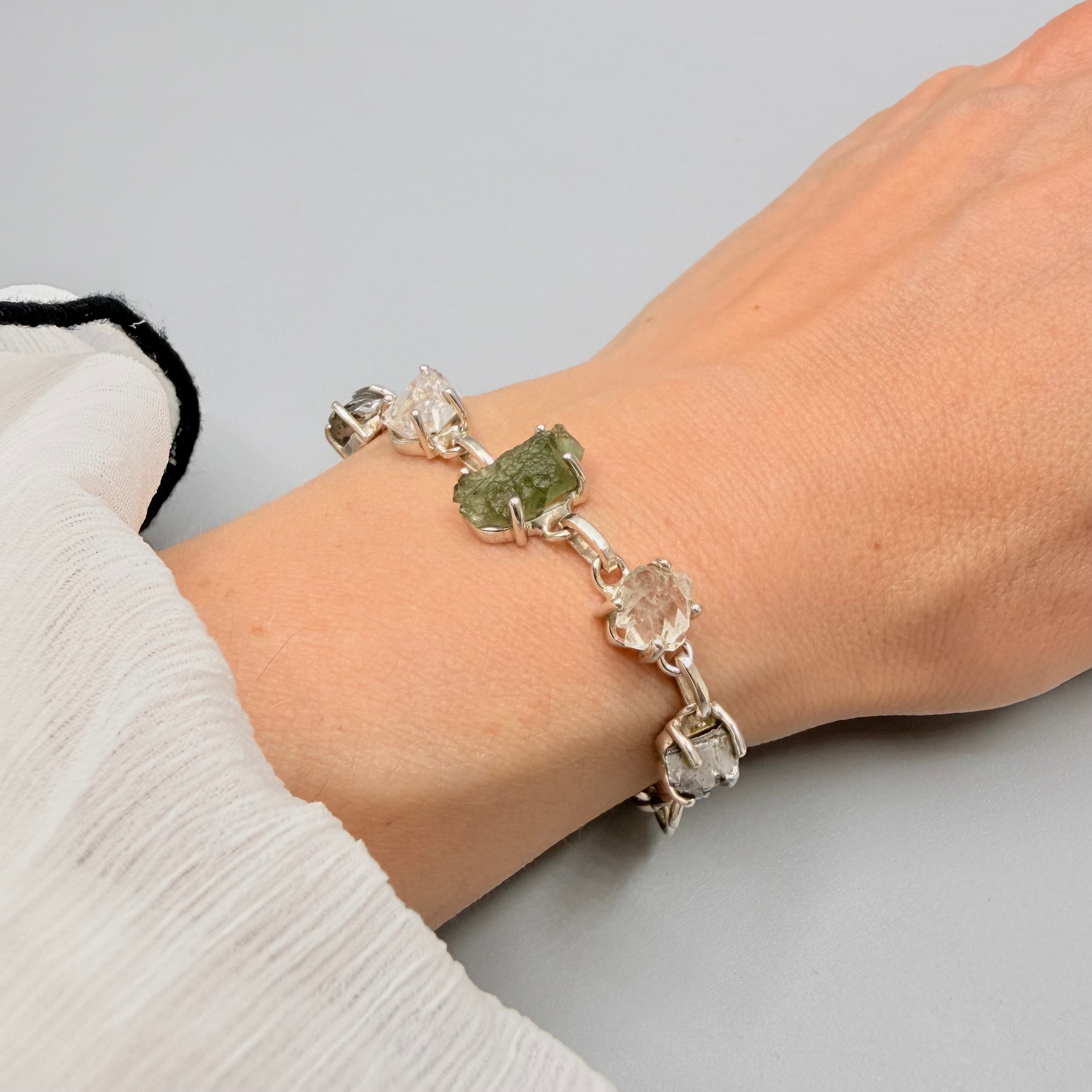 Bracciale  Moldavite, Herkimer, Meteorite Campo del Cielo | Argento 925