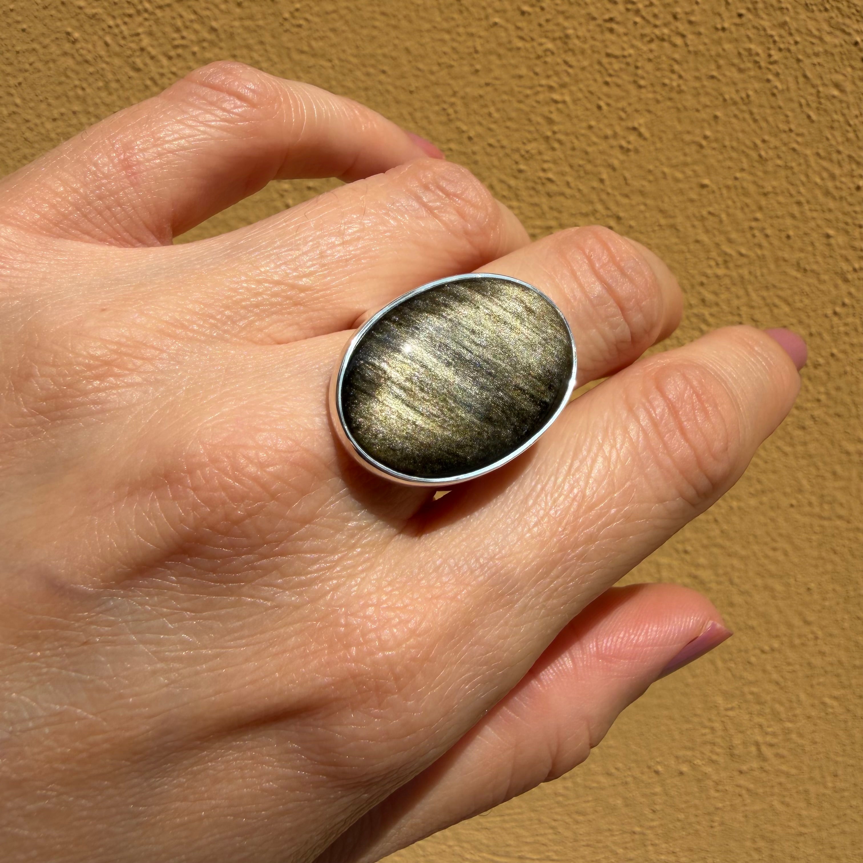 Anello Ossidiana Dorata Ovale - Argento 925