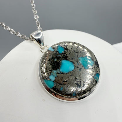 Ciondolo Turchese Naturale in Pirite | Argento 925 - Tondo