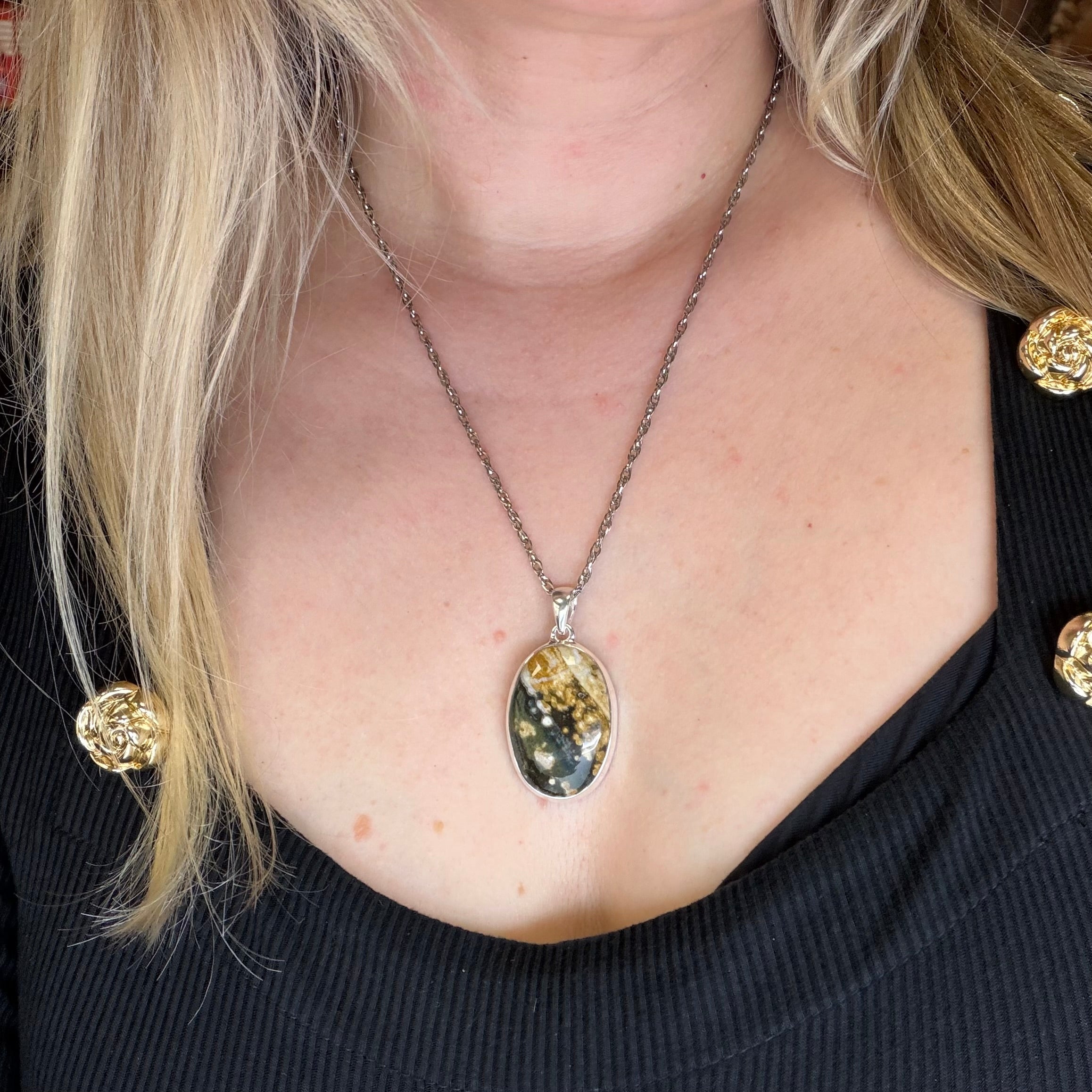 Ciondolo Diaspro Oceano Argento 925 - Ovale grande