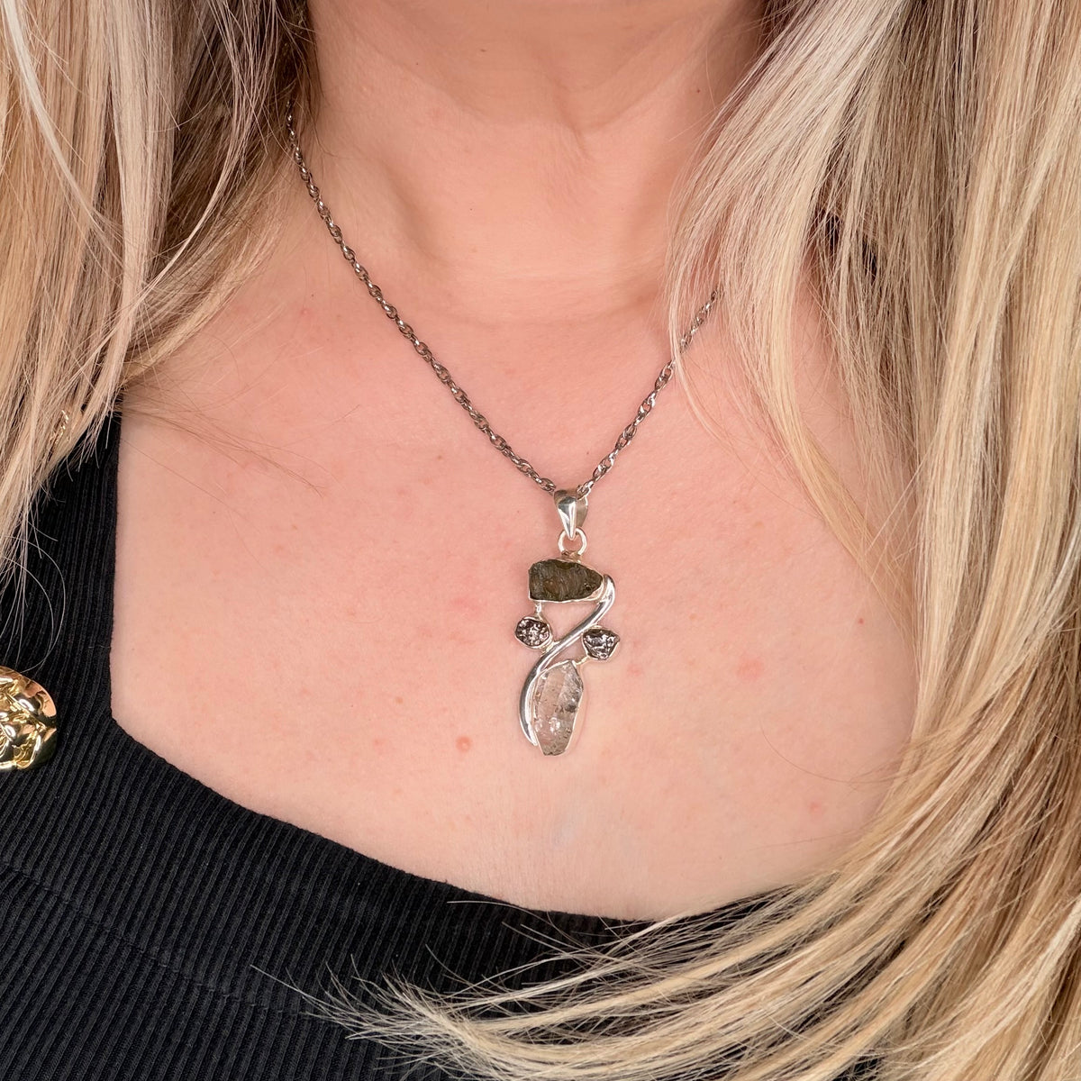 Ciondolo Moldavite, Campo del Cielo, Diamante Herkimer - Argento 925