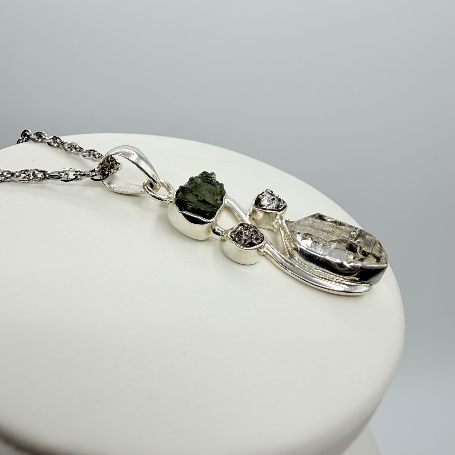 Ciondolo Moldavite, Campo del Cielo, Diamante Herkimer - Argento 925