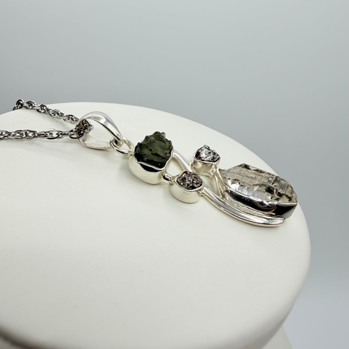 Ciondolo Moldavite, Campo del Cielo, Diamante Herkimer - Argento 925