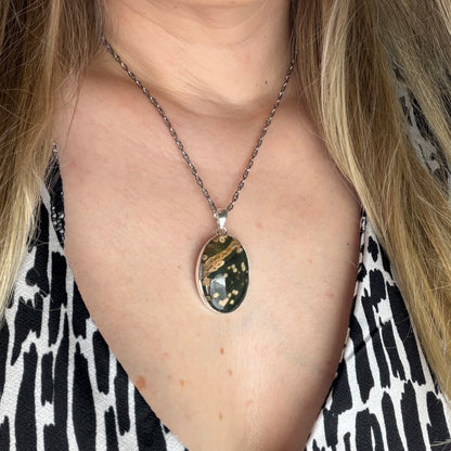 Ciondolo Diaspro Oceano Argento 925 - Ovale grande