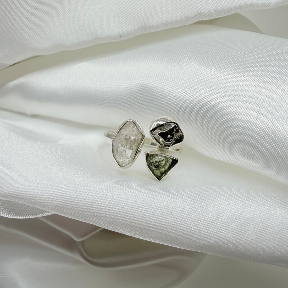 Anello Moldavite, Campo del Cielo e Diamante Herkimer | Argento 925