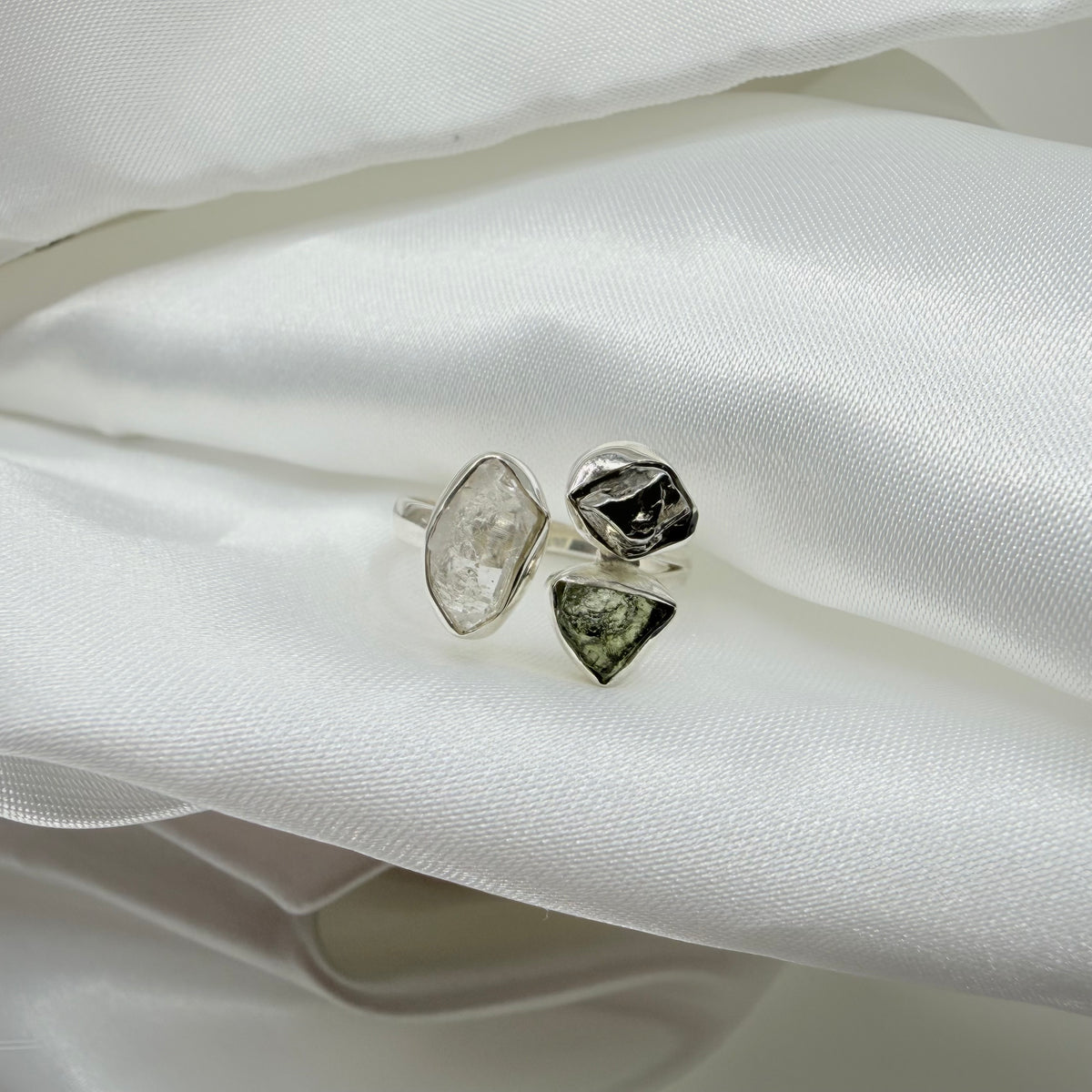 Anello Moldavite, Campo del Cielo e Diamante Herkimer | Argento 925