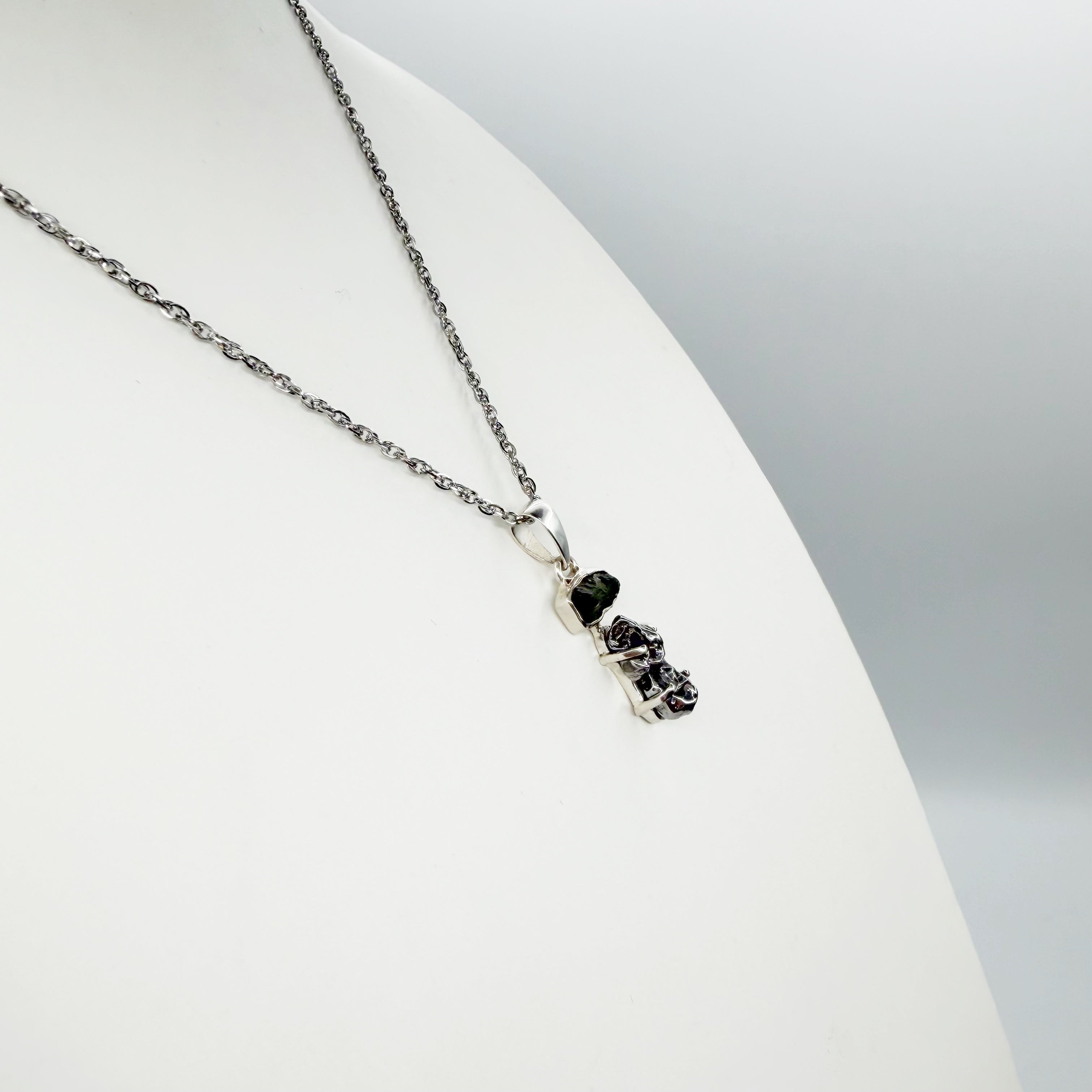 Ciondolo Moldavite e Meteorite Campo del Cielo - Argento 925
