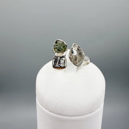 Anello Moldavite, Campo del Cielo e Diamante Herkimer | Argento 925