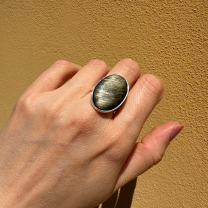 Anello Ossidiana Dorata Ovale - Argento 925