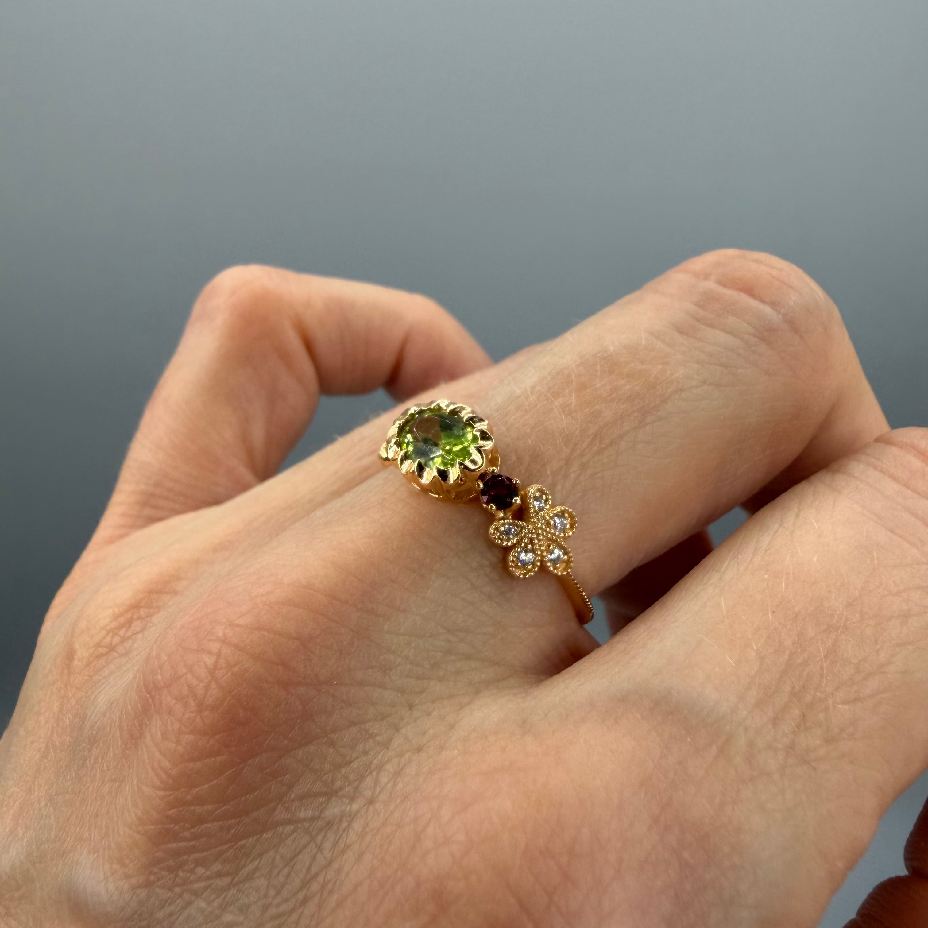 Anello Peridoto e Granato | Argento 925 placcato oro 14k - NON REGOLABILE