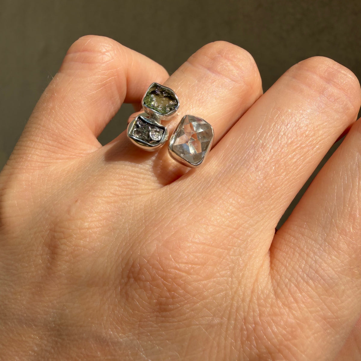 Anello Moldavite, Campo del Cielo e Diamante Herkimer | Argento 925