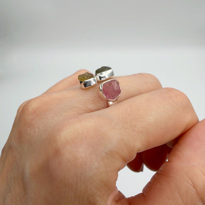 Anello Moldavite e Tormalina Policroma - Argento 925