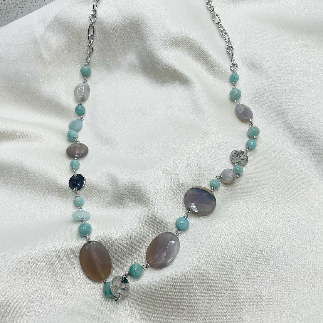 Collana lunga Amazzonite e Agata Grigia
