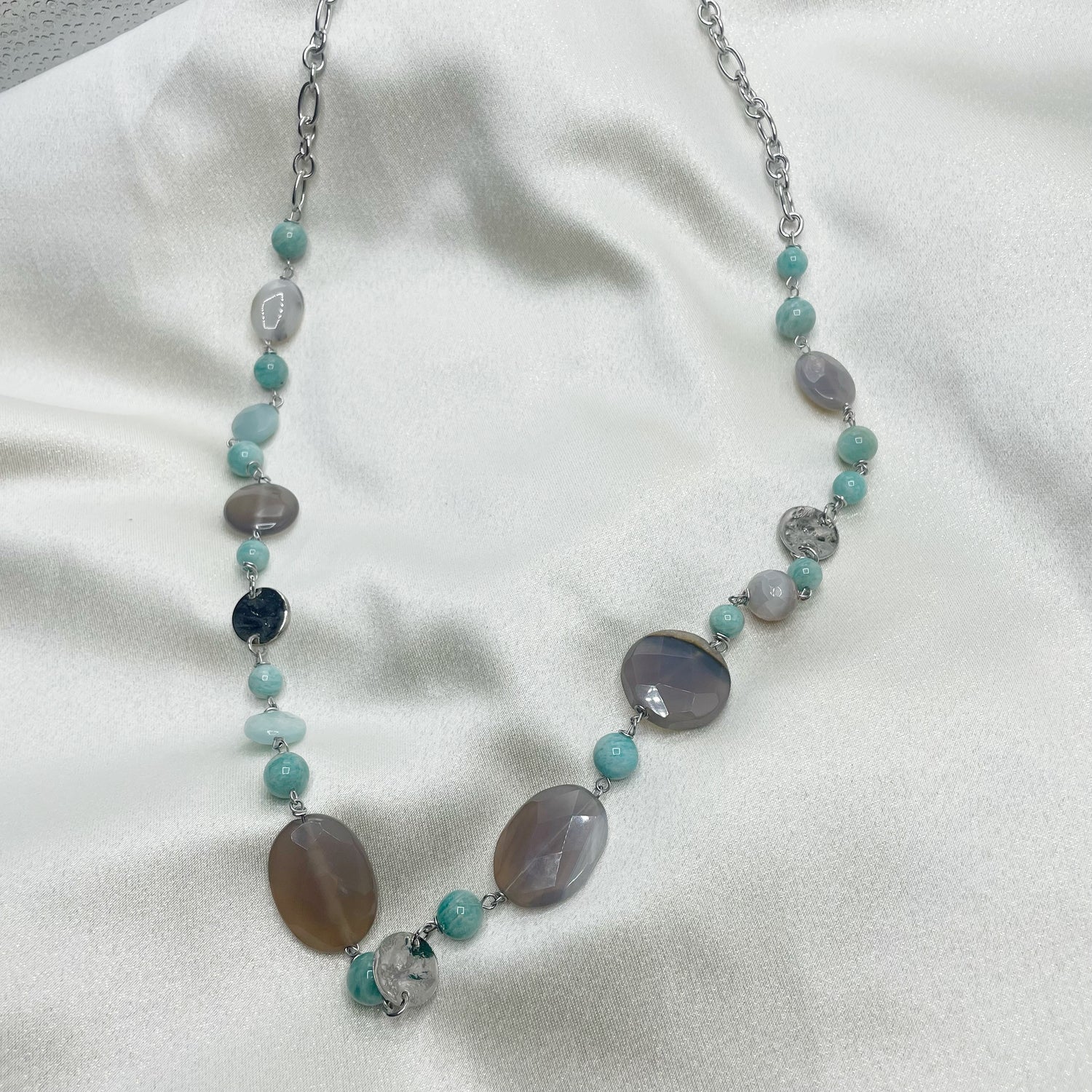Collana lunga Amazzonite e Agata Grigia