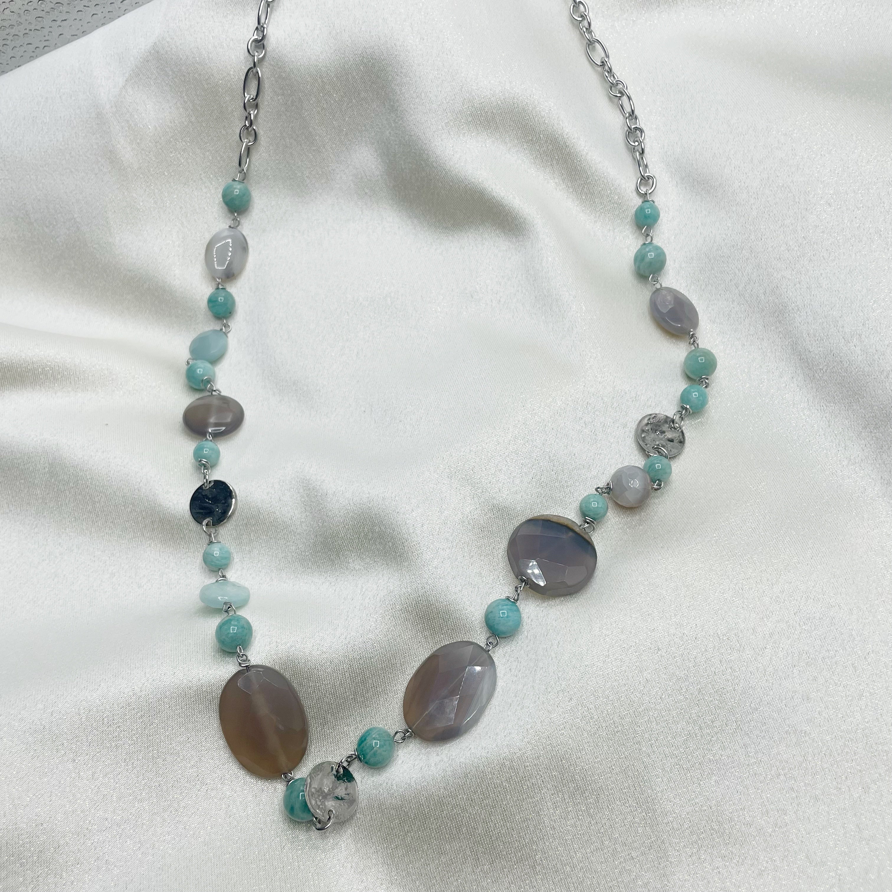 Collana lunga Amazzonite e Agata Grigia