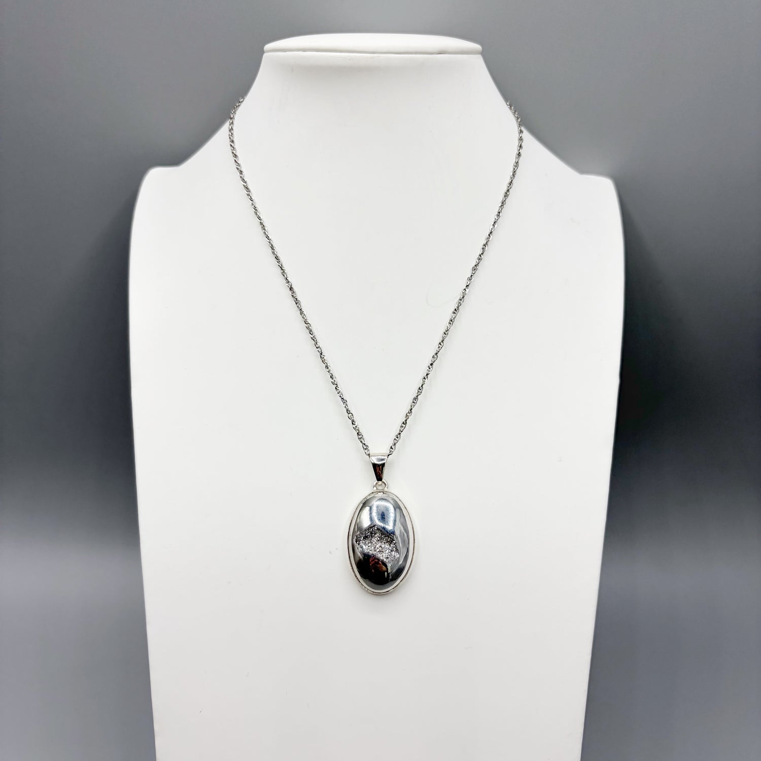 Ciondolo Drusa di Agata con Pirite Aura - Argento 925 - Ovale