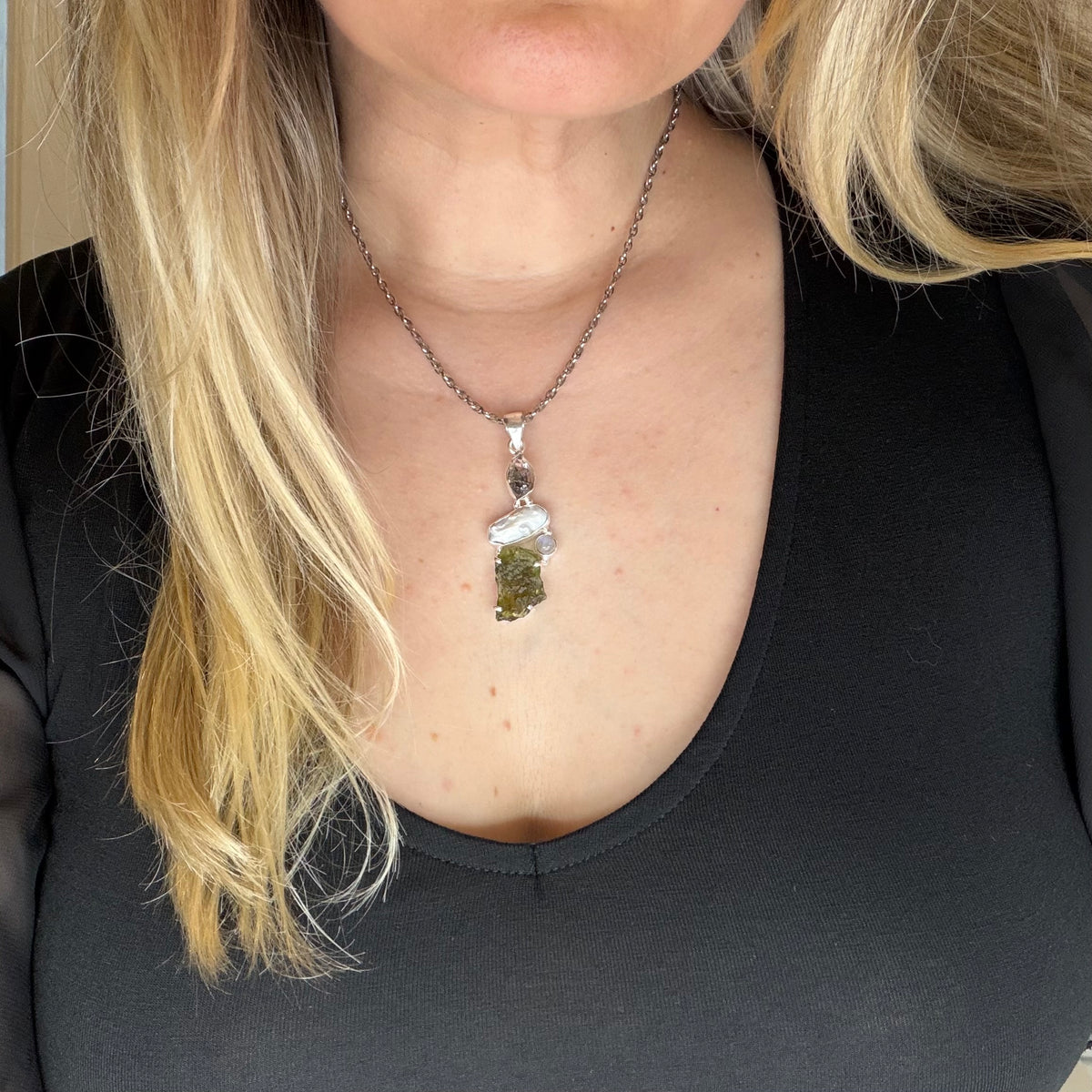Ciondolo Moldavite, Madreperla, Labradorite, Diamante Herkimer - Argento 925