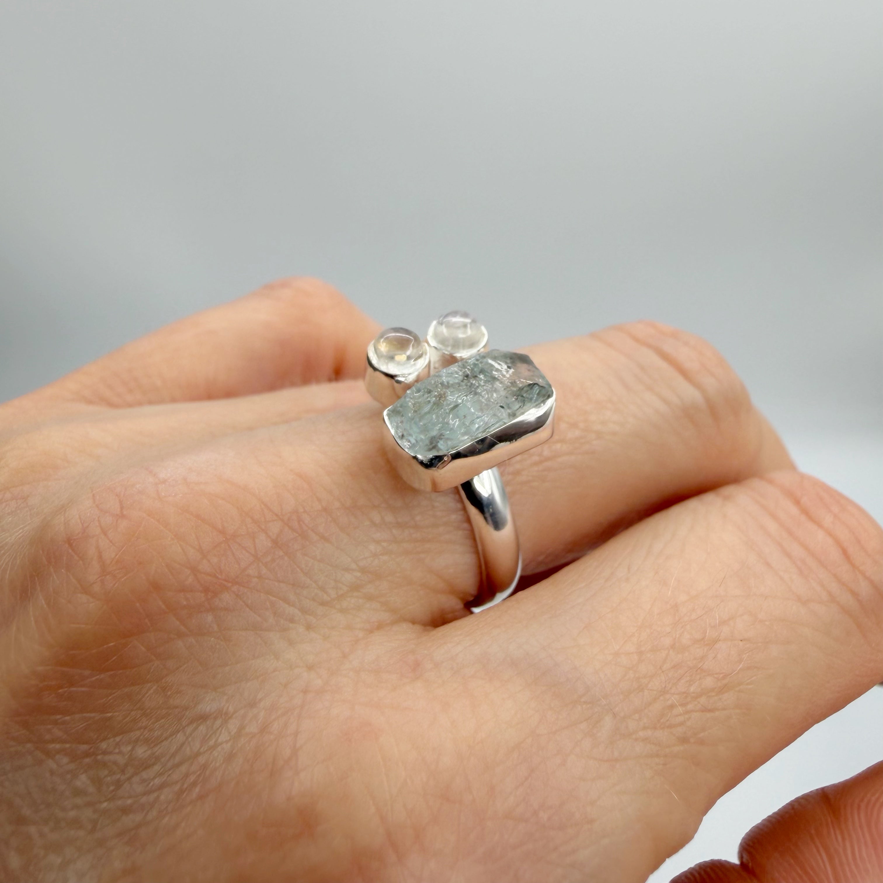Anello Acquamarina e Labradorite Bianca - Argento 925