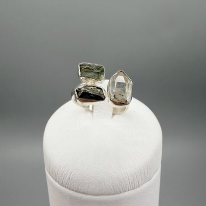 Anello Moldavite, Campo del Cielo e Diamante Herkimer | Argento 925