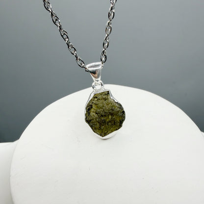 Ciondolo Moldavite Grezza e Argento 925 - tonda