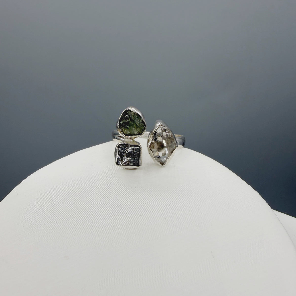 Anello Moldavite, Campo del Cielo e Diamante Herkimer | Argento 925