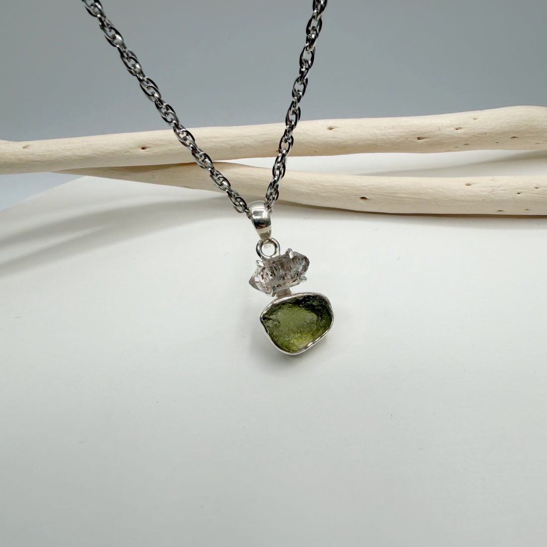 Ciondolo Moldavite e Diamante Herkimer e Argento 925