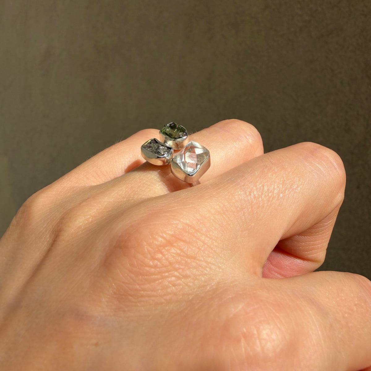 Anello Moldavite, Campo del Cielo e Diamante Herkimer | Argento 925