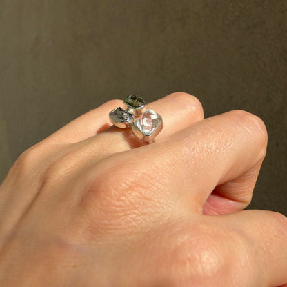 Anello Moldavite, Campo del Cielo e Diamante Herkimer | Argento 925