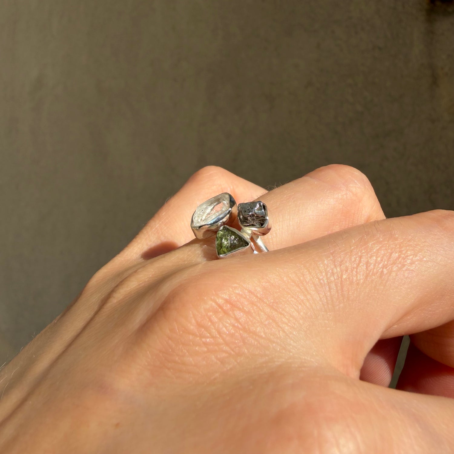 Anello Moldavite, Campo del Cielo e Diamante Herkimer | Argento 925