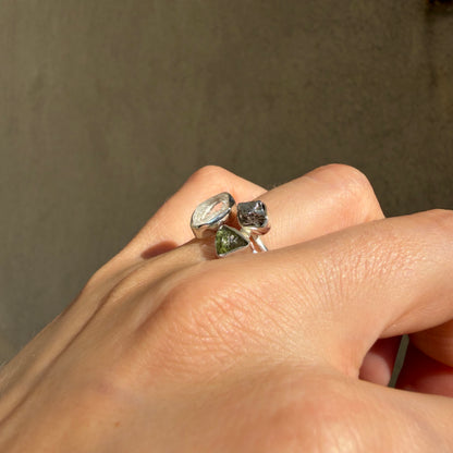 Anello Moldavite, Campo del Cielo e Diamante Herkimer | Argento 925