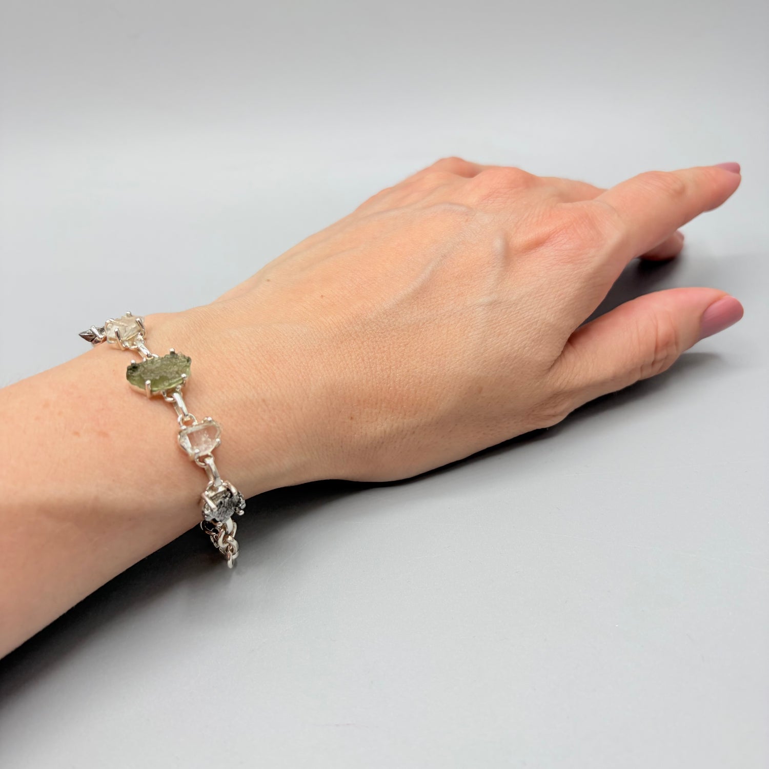 Bracciale Moldavite, Herkimer, Meteorite Campo del Cielo | Argento 925