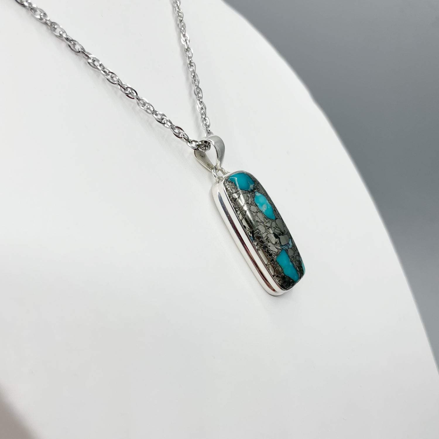 Ciondolo Turchese Naturale in Pirite | Argento 925 - rettangolare
