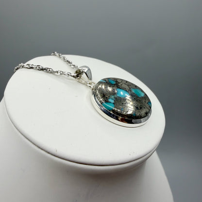 Ciondolo Turchese Naturale in Pirite | Argento 925 - Tondo